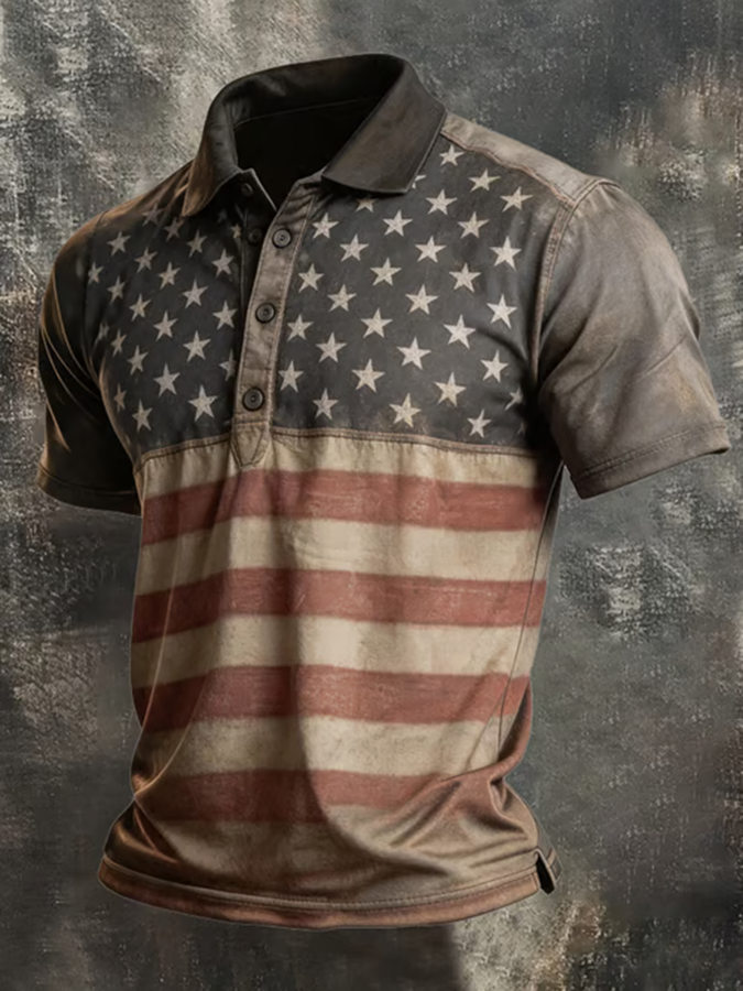 Men'S American Flag Print Casual Polo Shirt
