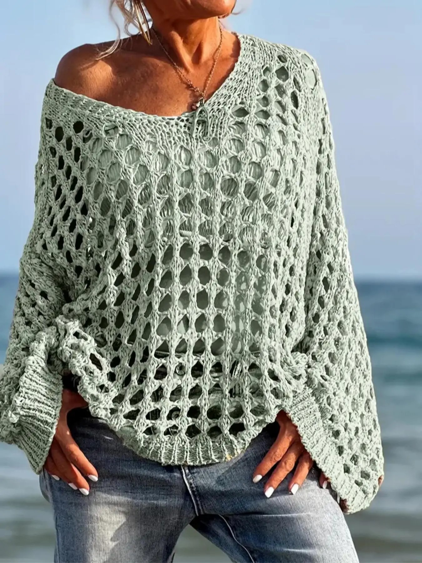 Women’s Casual Loose-Fit V-Neck Knit Top – Hollow Out Design, All-Season Wear