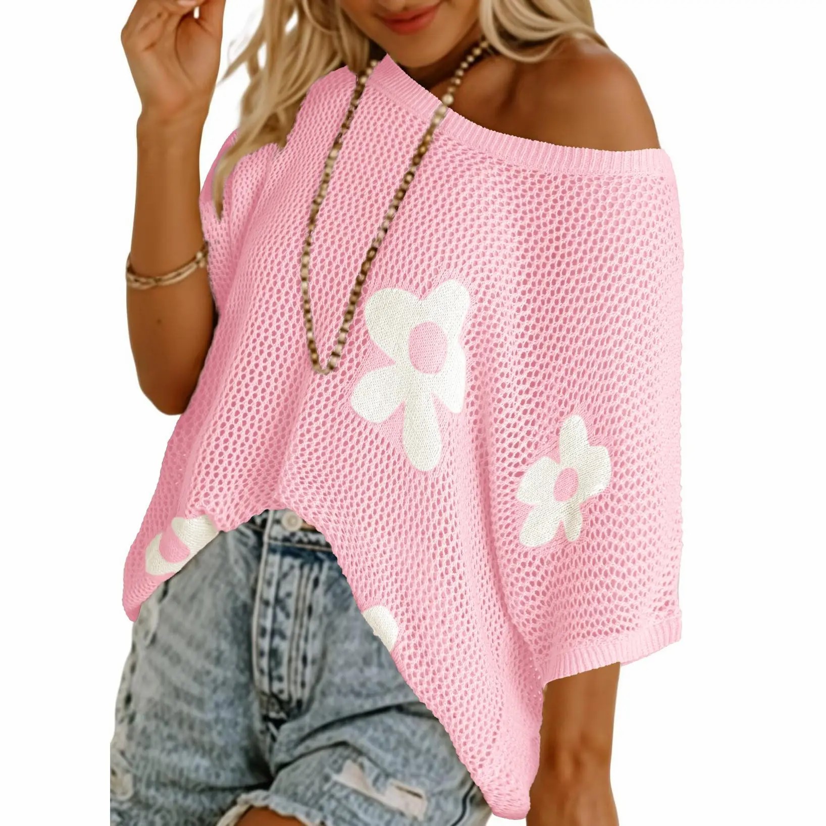 Women's Floral Crochet Sweater – Short Sleeve Lightweight Knit Beach Cover Up