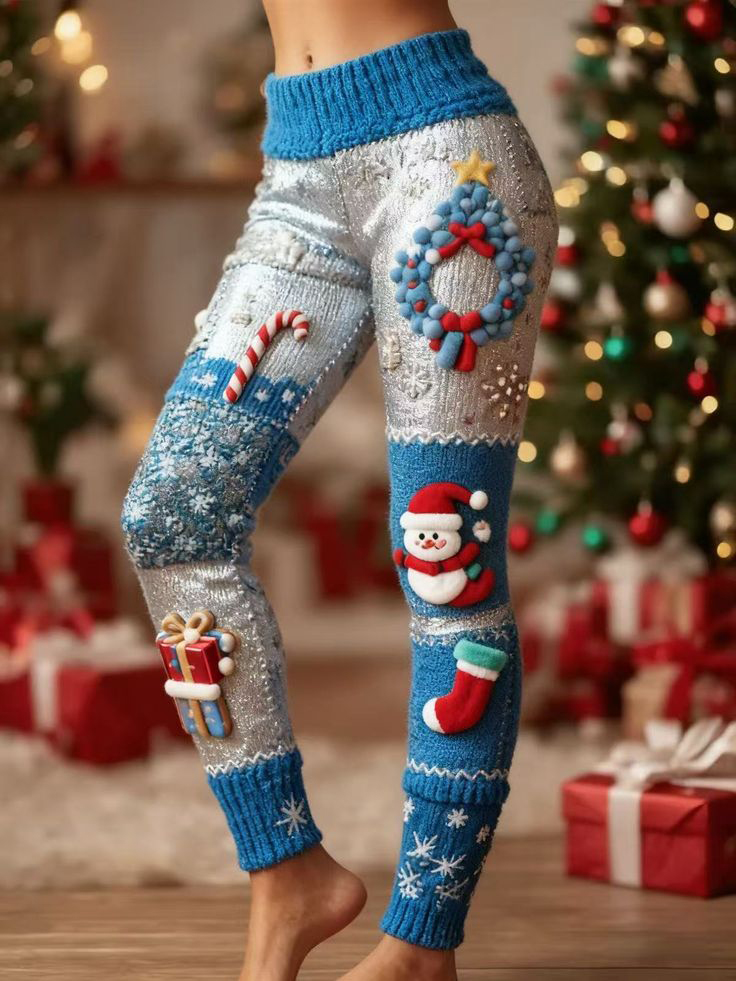 Women's Christmas Candy Cane Snowman Gift Patchwork Print Leggings