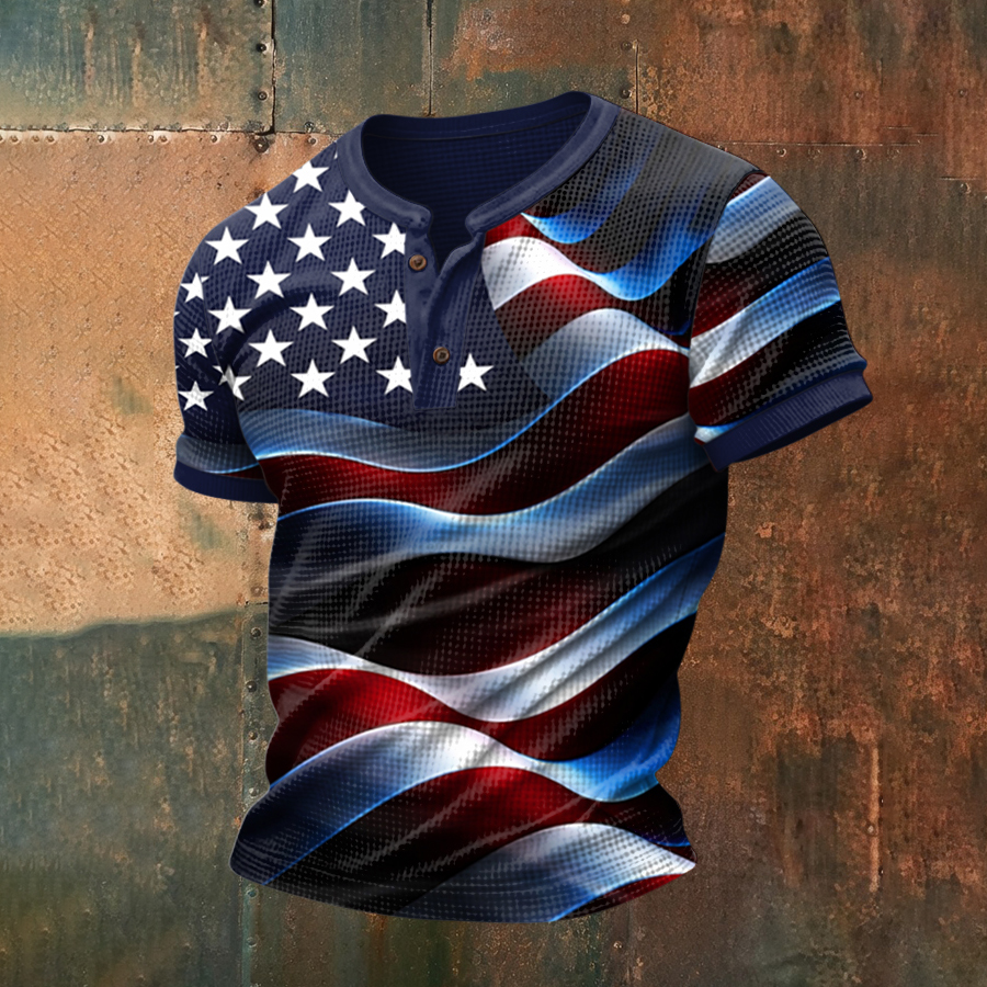 Men'S Retro American Flag Printed Henry Collar Top