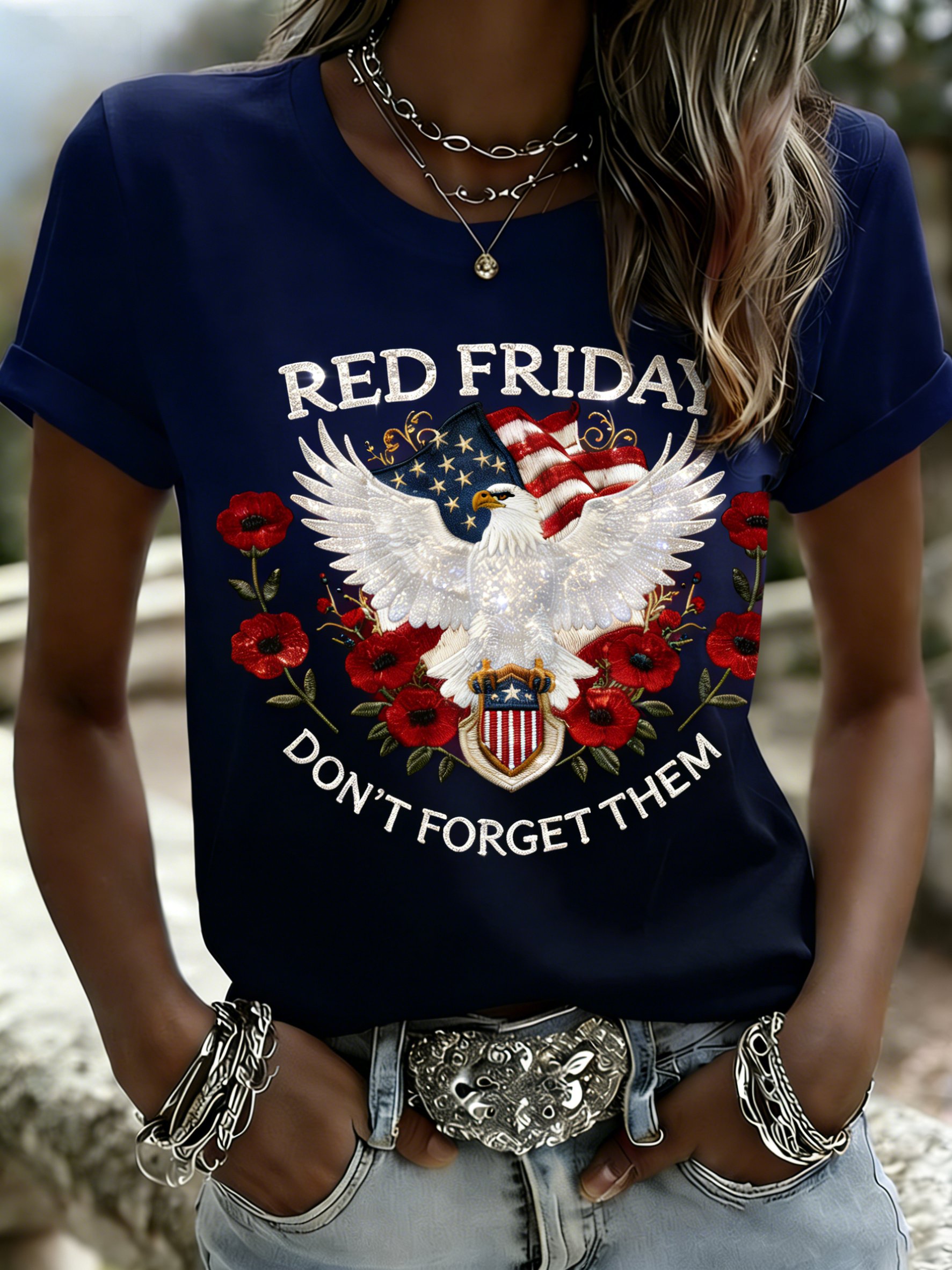 Women's Red Friday Print Casual Crew Neck Top