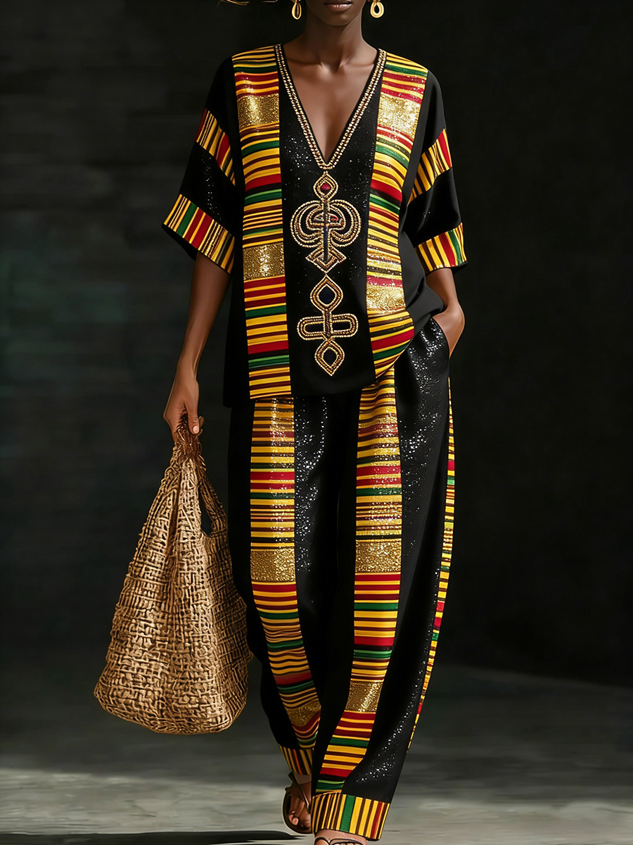 African Authentic Kente Print Sequin Cotton Linen Co-ord Set