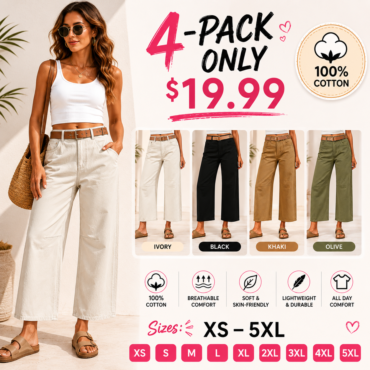 Solid-Color Mid-Rise Cropped Trousers with Contrast Stitching and Slight Taper