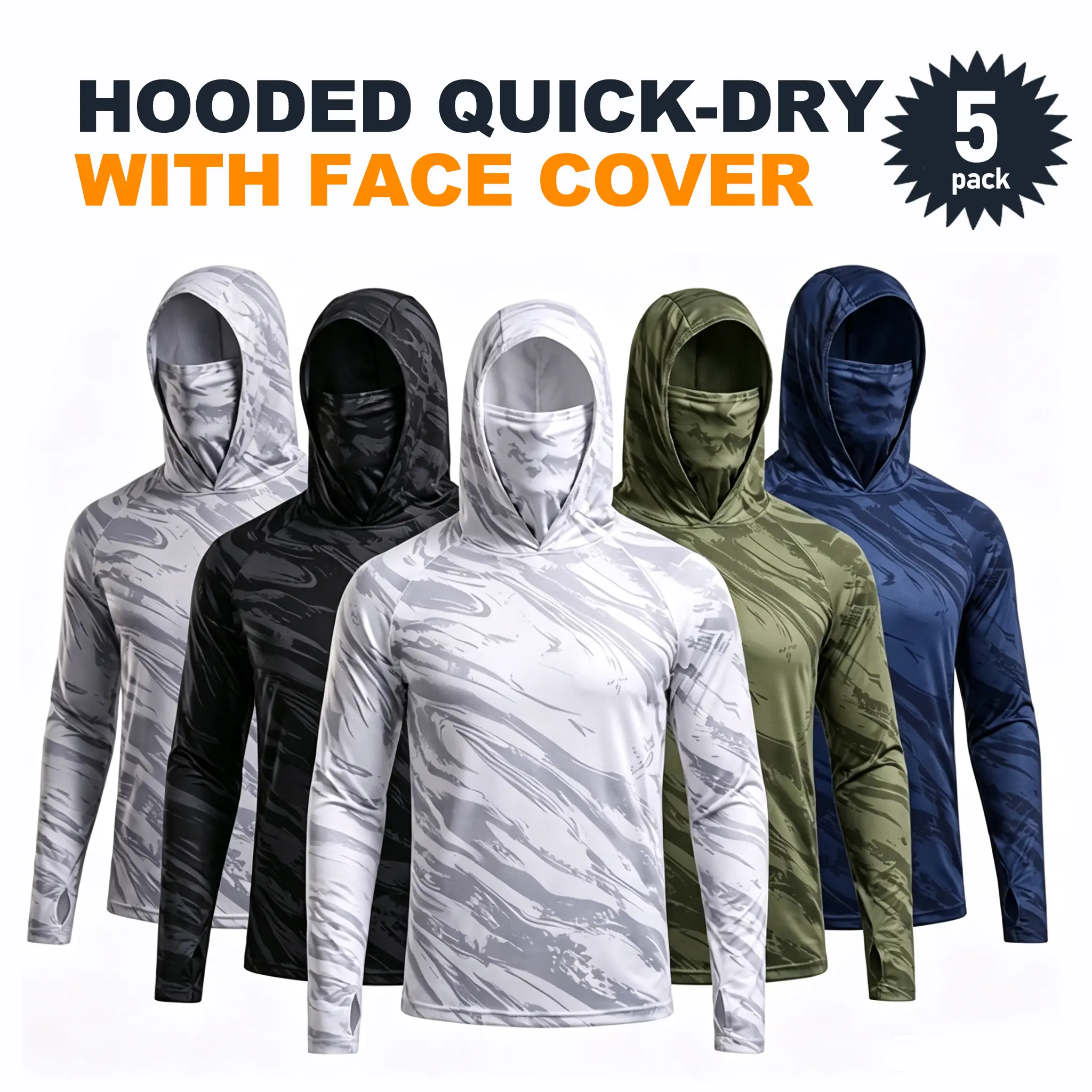 5-Piece Men's Quick-Dry Breathable Hoodies with Face Coverings Long-Sleeve T-Shirts