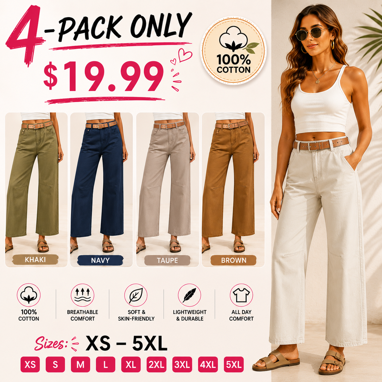 Solid-Color Mid-Rise Cropped Trousers with Contrast Stitching and Slight Taper