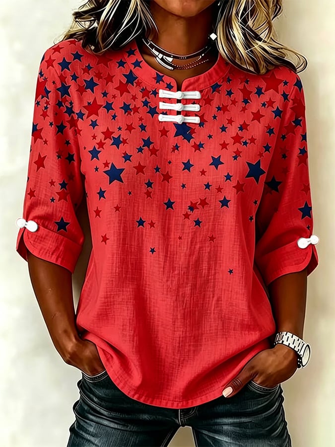 Women's Retro America's 250th Anniversary American Flag Print Button-Up Top