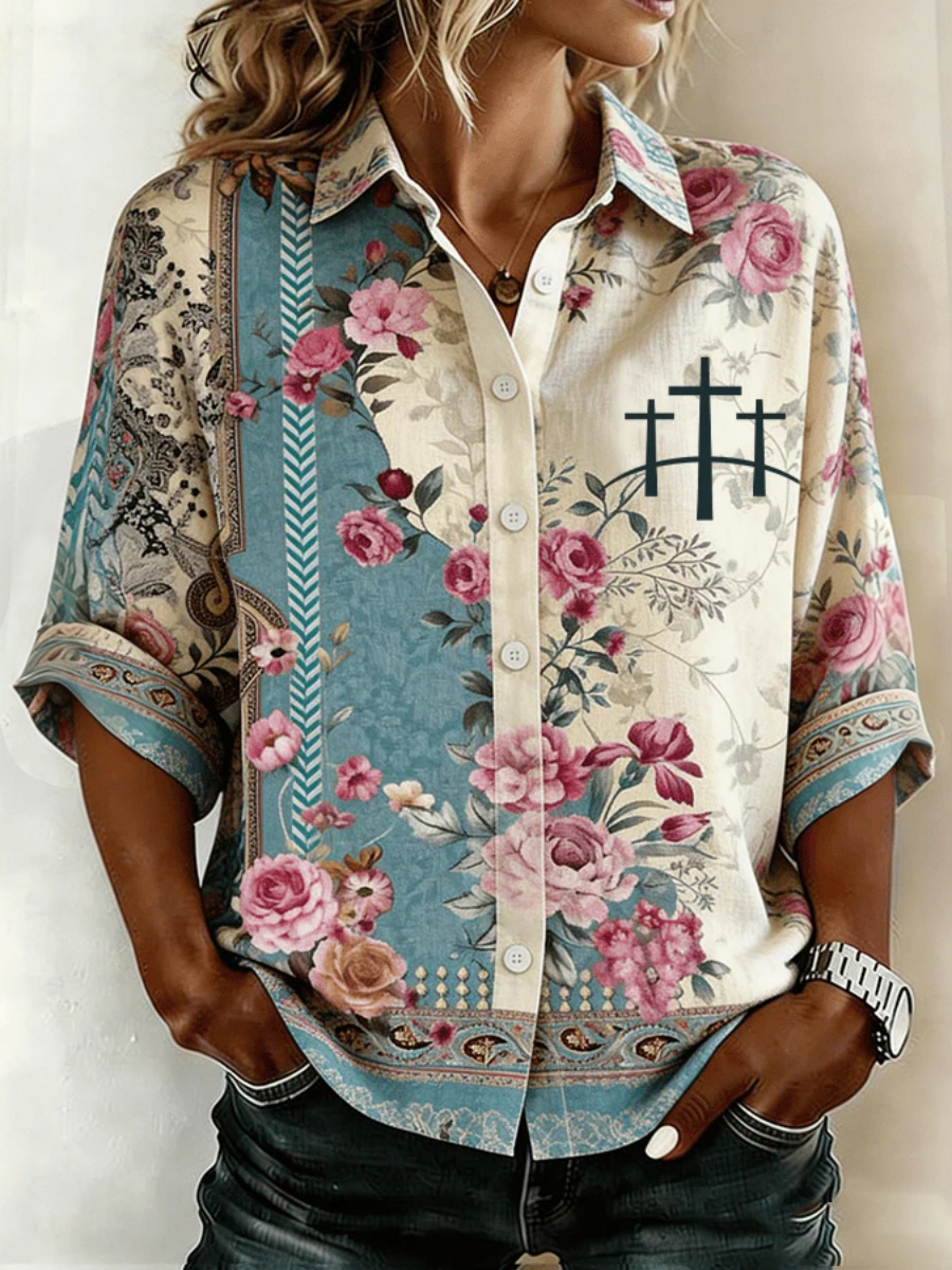 Women's Floral Faith Print Long Sleeved Linen Shirt