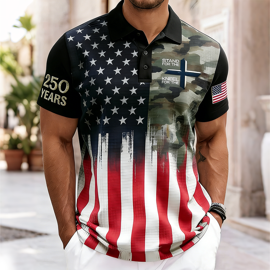 Men'S Casual Camouflage Cross American Flag Personalized Print Lapel T-Shirt