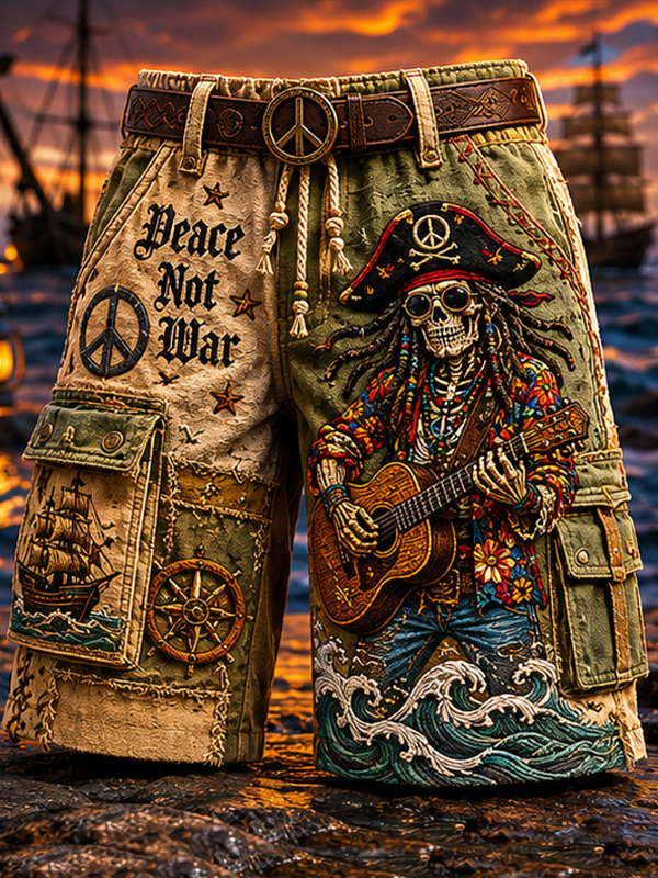 Men's Skeleton Playing Guitar Ocean Dark Art Print Casual Shorts