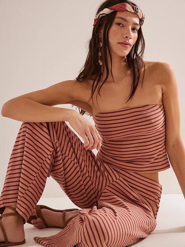 Women's Striped Print Crop Tube Top & Wide Leg Pants Set, Street Fashion Casual Two-piece Set for Daily Wear, Ladies Summer Clothes, Womenswear
