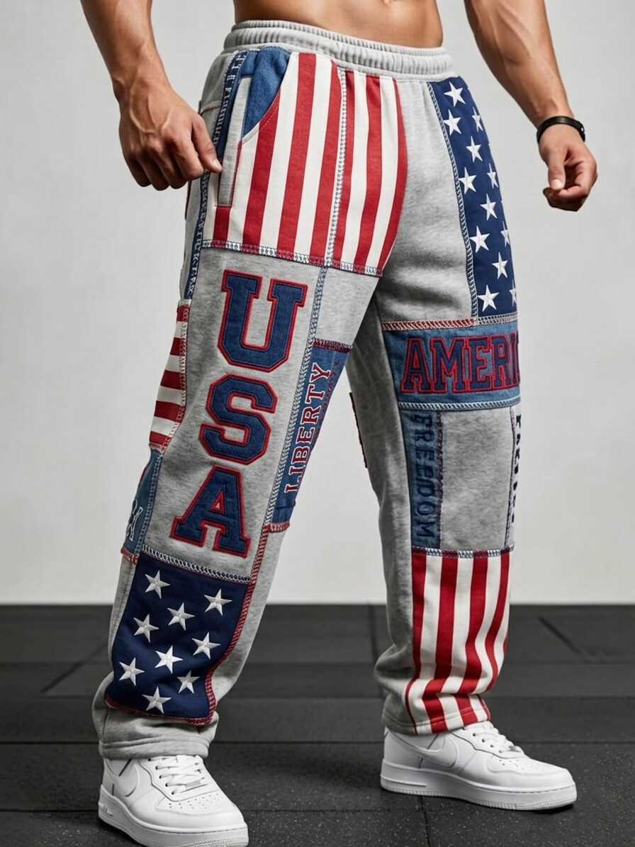 Men's Geometric Patchwork Of The U.S. Flag For Independence Day Print Casual Pants