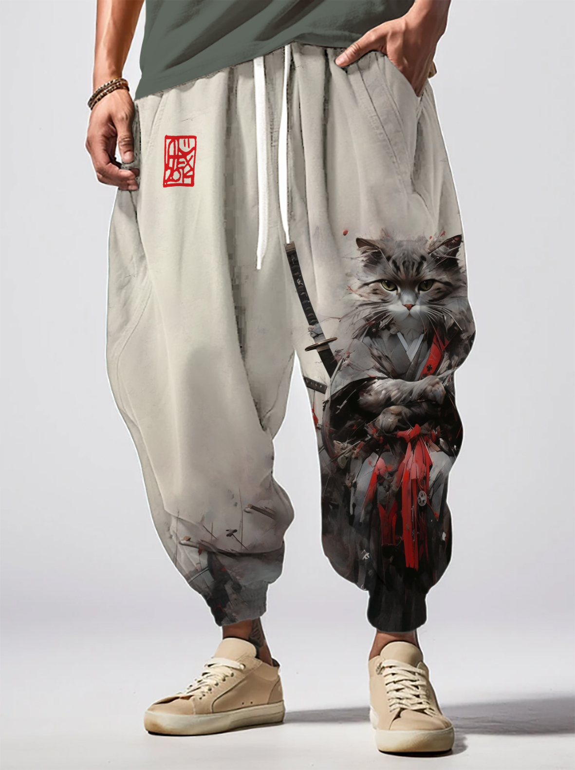 Men's Kimono Cat Warrior Japanese Art Print Casual Loose Drawstring Waist Sweatpants