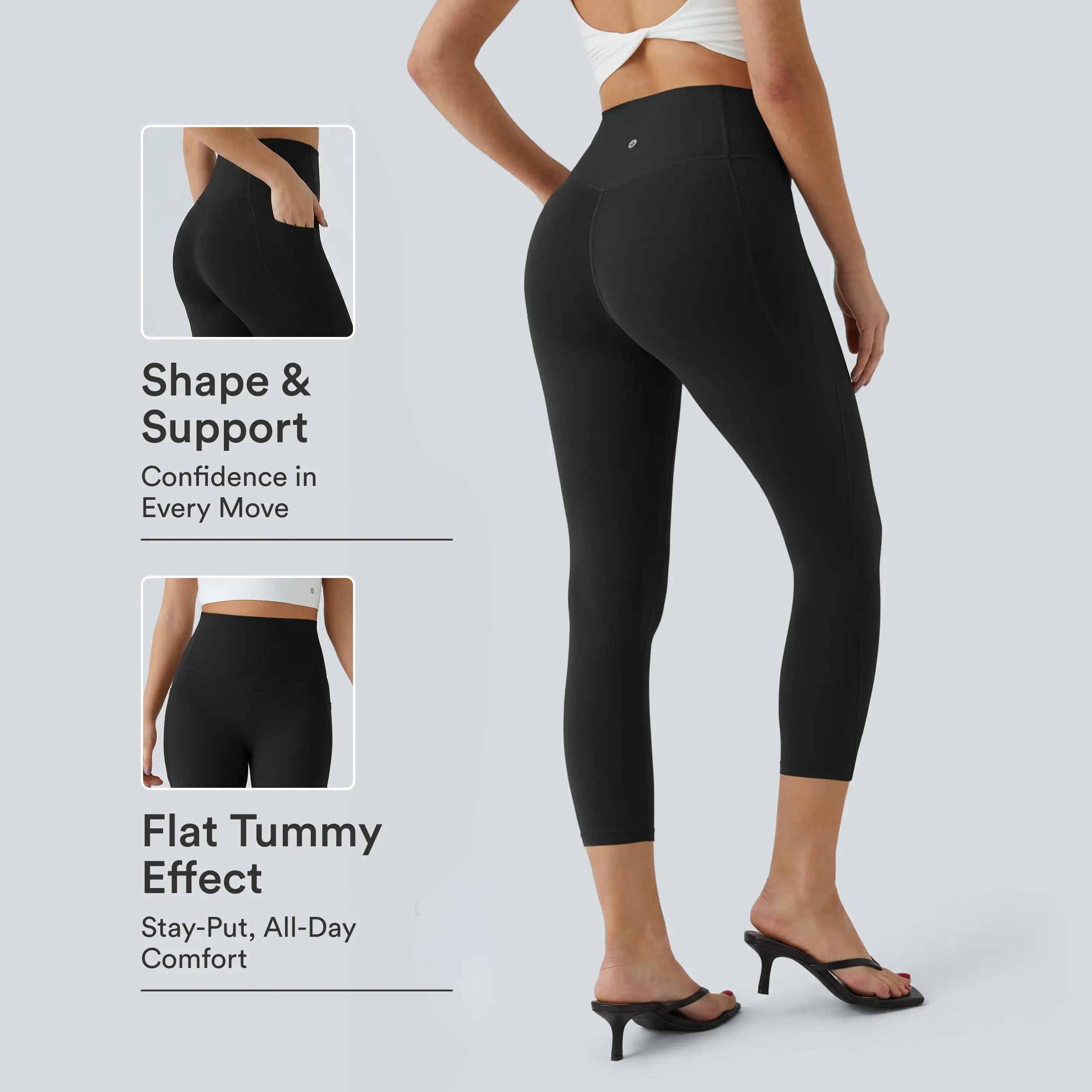 Women’s High Waisted Tummy Control Shaping Capri Leggings with Side Pockets