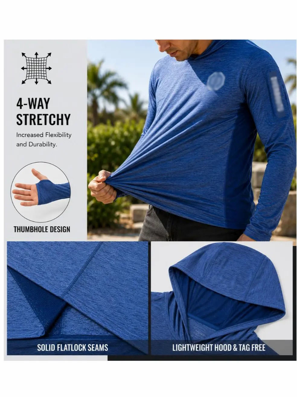 Men's UPF 50+ Sun Hoodie – Long Sleeve with Face Mask, Arm Pocket & Thumbholes, Lightweight Breathable Activewear