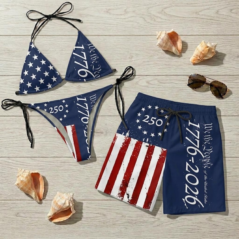 Patriotic American Flag Bikini and Swim Trunks Set, USA Stars Stripes Fourth of July Swimwear Outfit