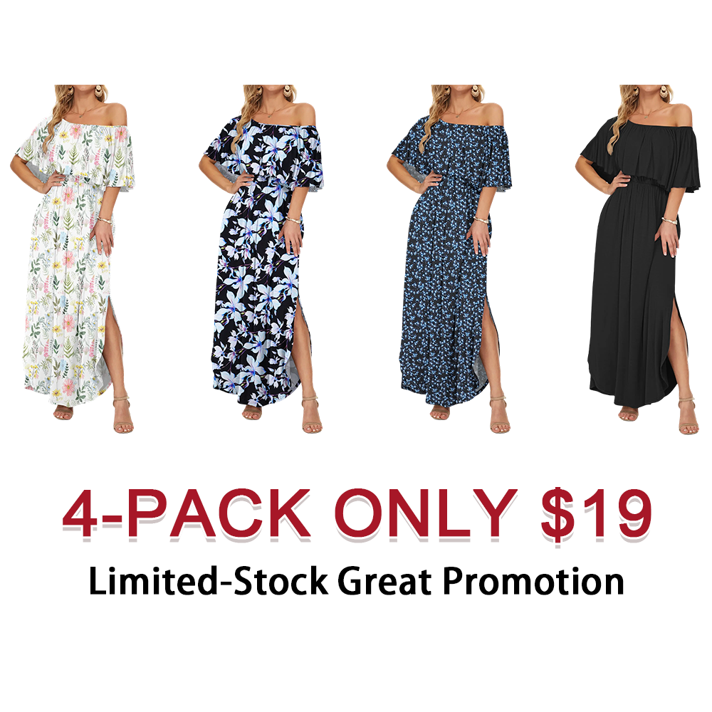 Womens Off The Shoulder Dress Wedding Guest Dress Summer Casual Long Ruffle Party Side Split Beach Maxi Dresses with Pockets