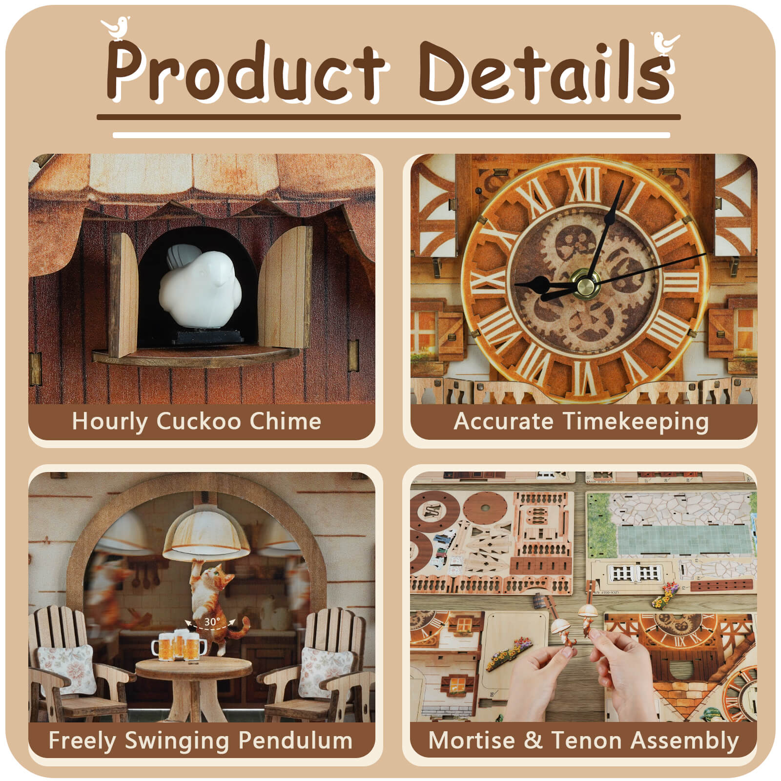 Cuckoo Calling German Cottage DIY Wood Clock, 3D Puzzle Kit