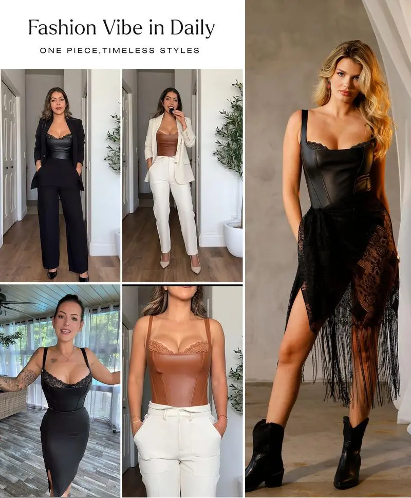 Leather Corset Top bodysuit Lace Trim Shapewear Tummy Control Bustier