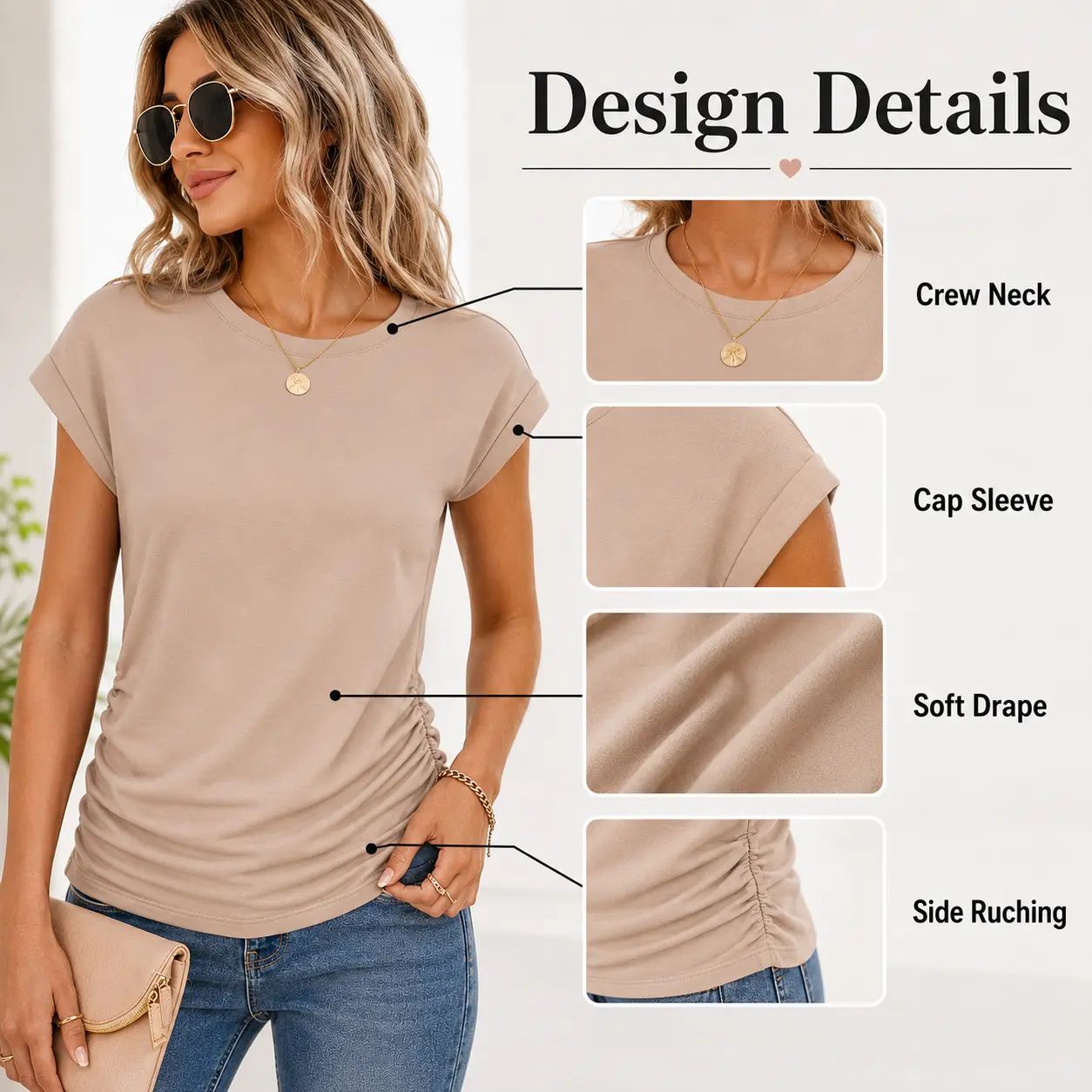 Womens Summer Tops Trendy 2026 Ruched Cap Short Sleeve Tshirts Shirts Crew Neck T Shirts Fashion