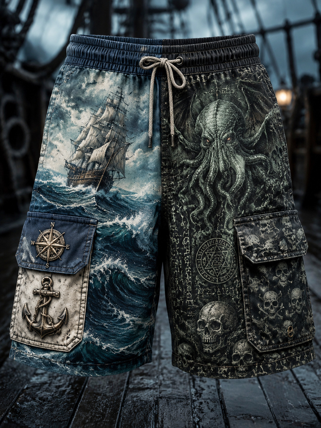 Men's Cthulhu Kraken Octopus Skull Pirate Ship Colorblock Art Print Drawstring Waist Shorts