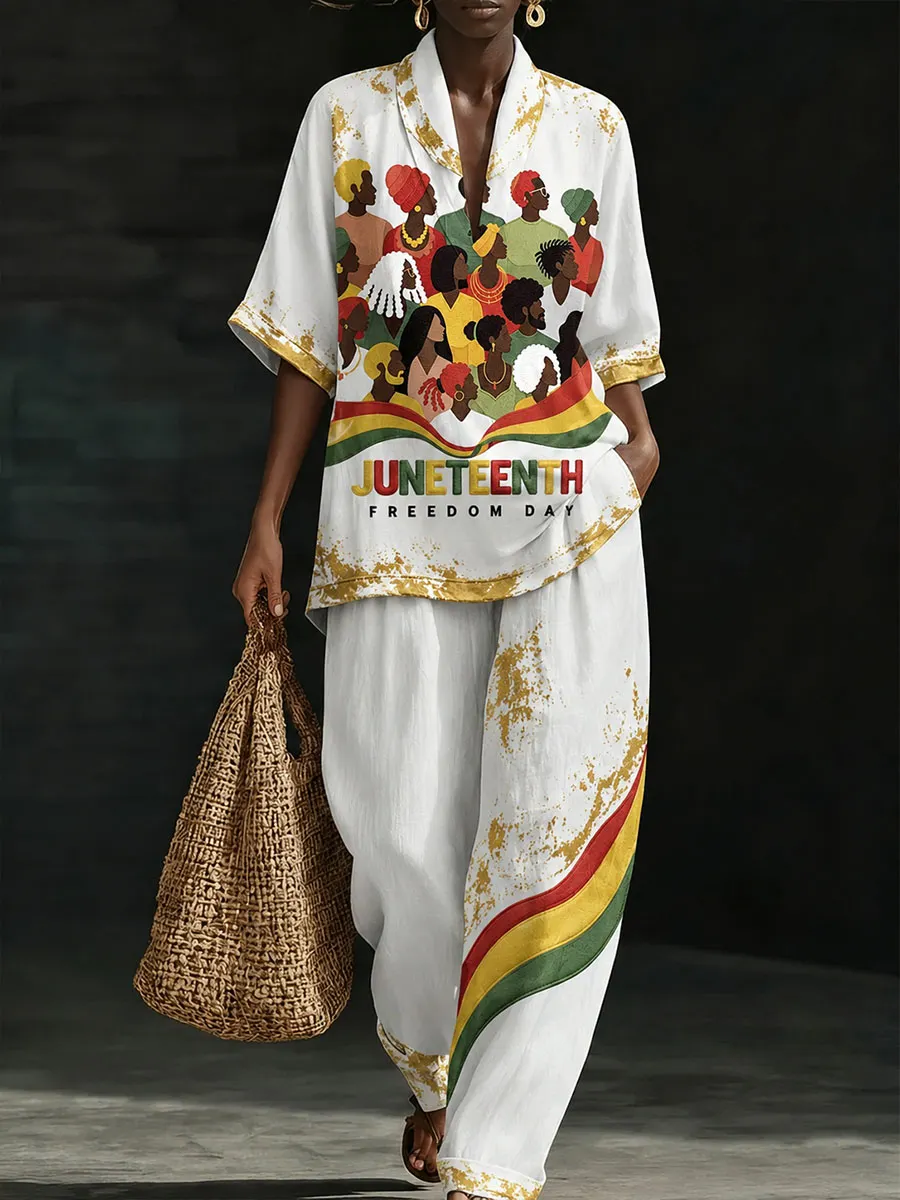 Women’s Juneteenth Freedom Day Summer Ethnic Print Top & Wide-Leg Pants