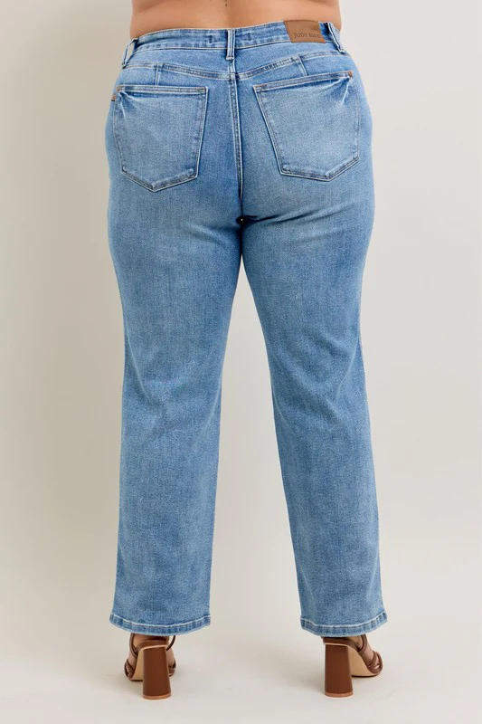 Blue Full Size Tummy Control Vintage Wash Straight Jeans Plus Size