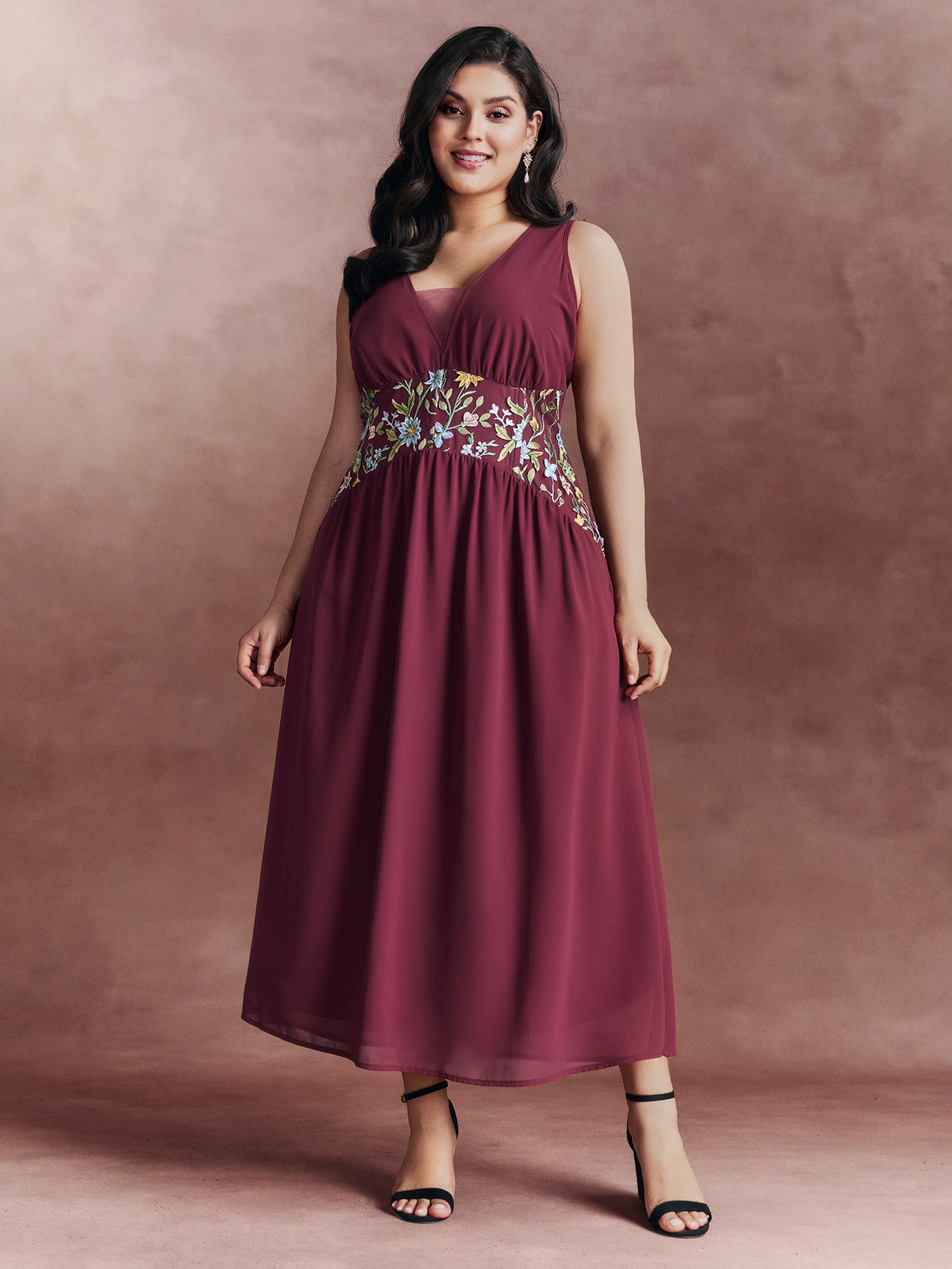 Floral Embroidered V-Neck Sleeveless Maxi Dress