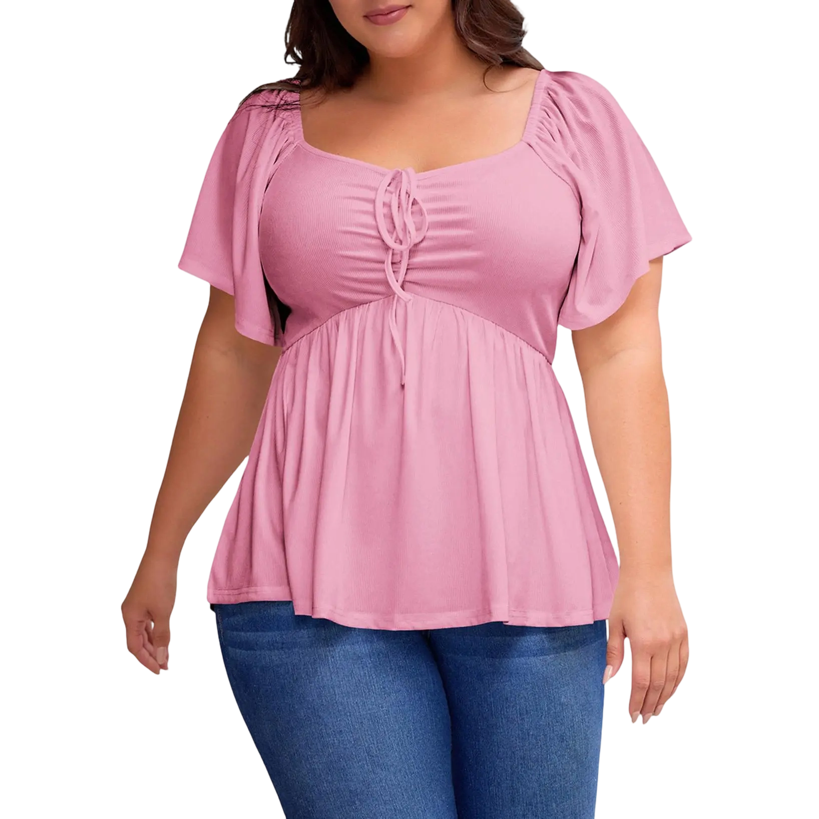 Women Plus Size Sweetheart Neck Short Sleeve Shirred Peplum Rib Blouse Tops Shirts