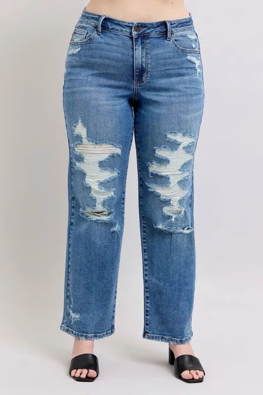 Blue Full Size High Waist Heavy Destroy Straight Jeans Plus Size