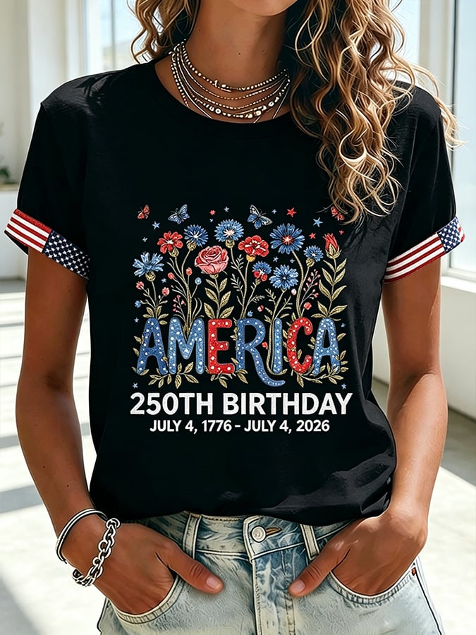 Women's 250 Years Of Freedom Flower Art Print  T-shirt