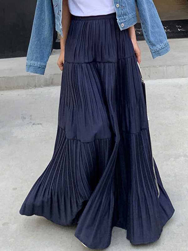 Pleated Solid Color Split-Joint A-Line High Waisted Skirts Bottoms