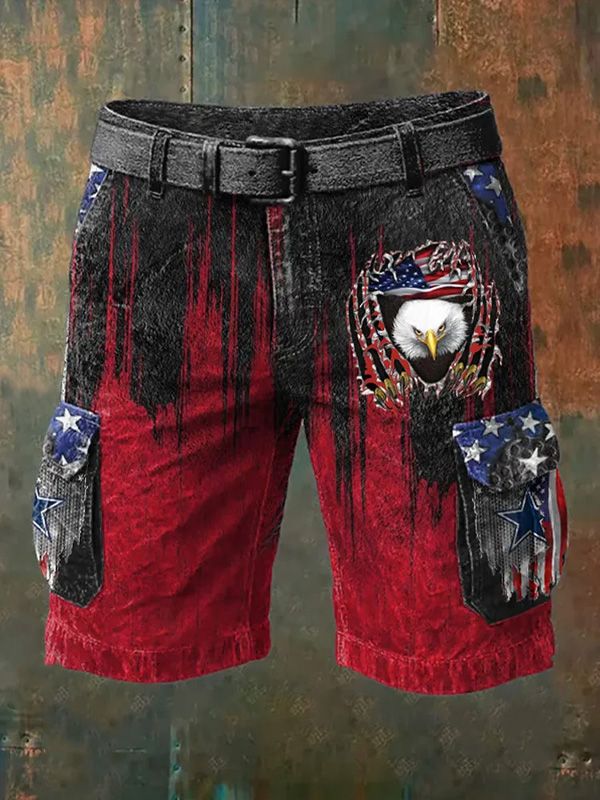 Men's Vintage American Flag Eagle Art Print Denim-Like Casual Shorts