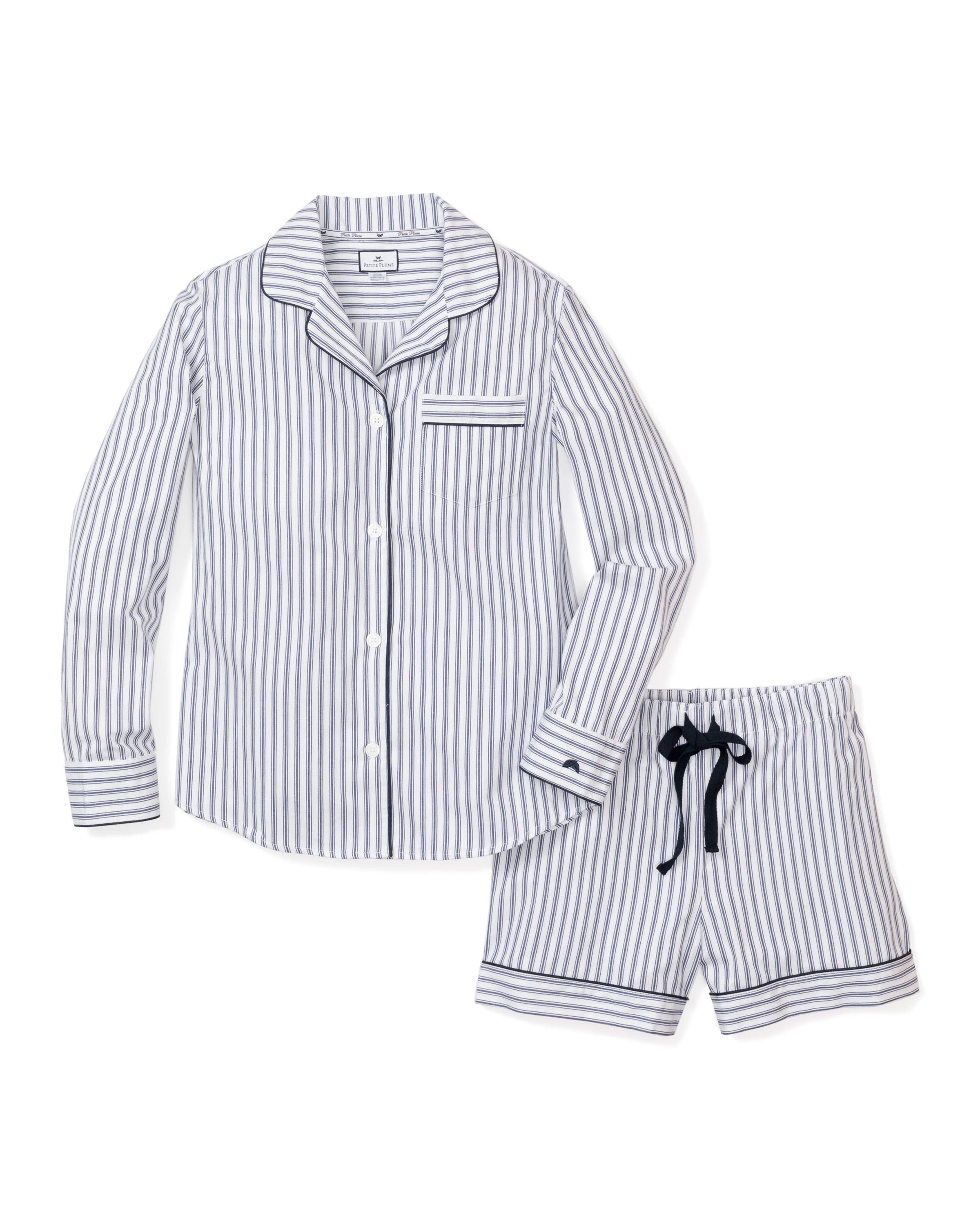 Women's Twill Pajama Long Sleeve Short Set in Navy French Ticking