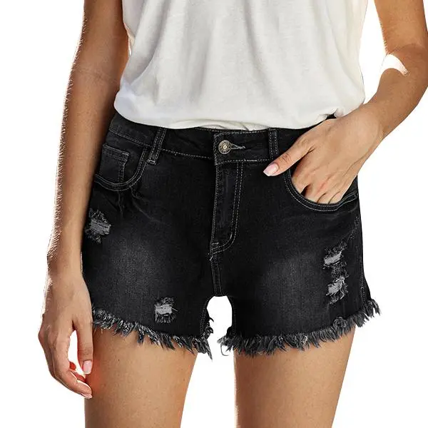 Women's Casual Mid Rise Denim Shorts Stretch Ripped Raw Hem Jean Shorts Basic Fitted Bottom for Summer