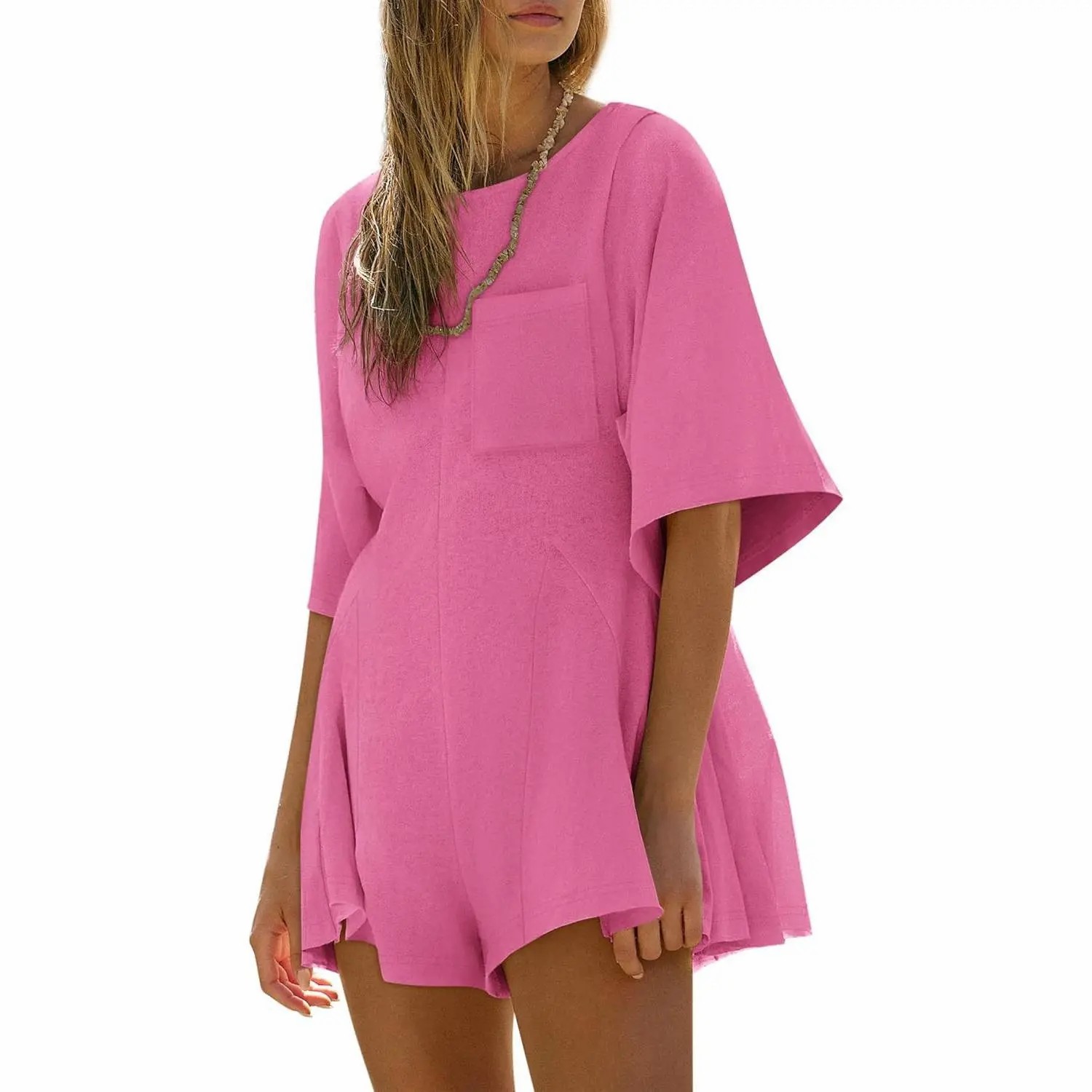 Women's Short Sleeve Loose Jumpsuit – Casual Crew Neck Romper with Pockets