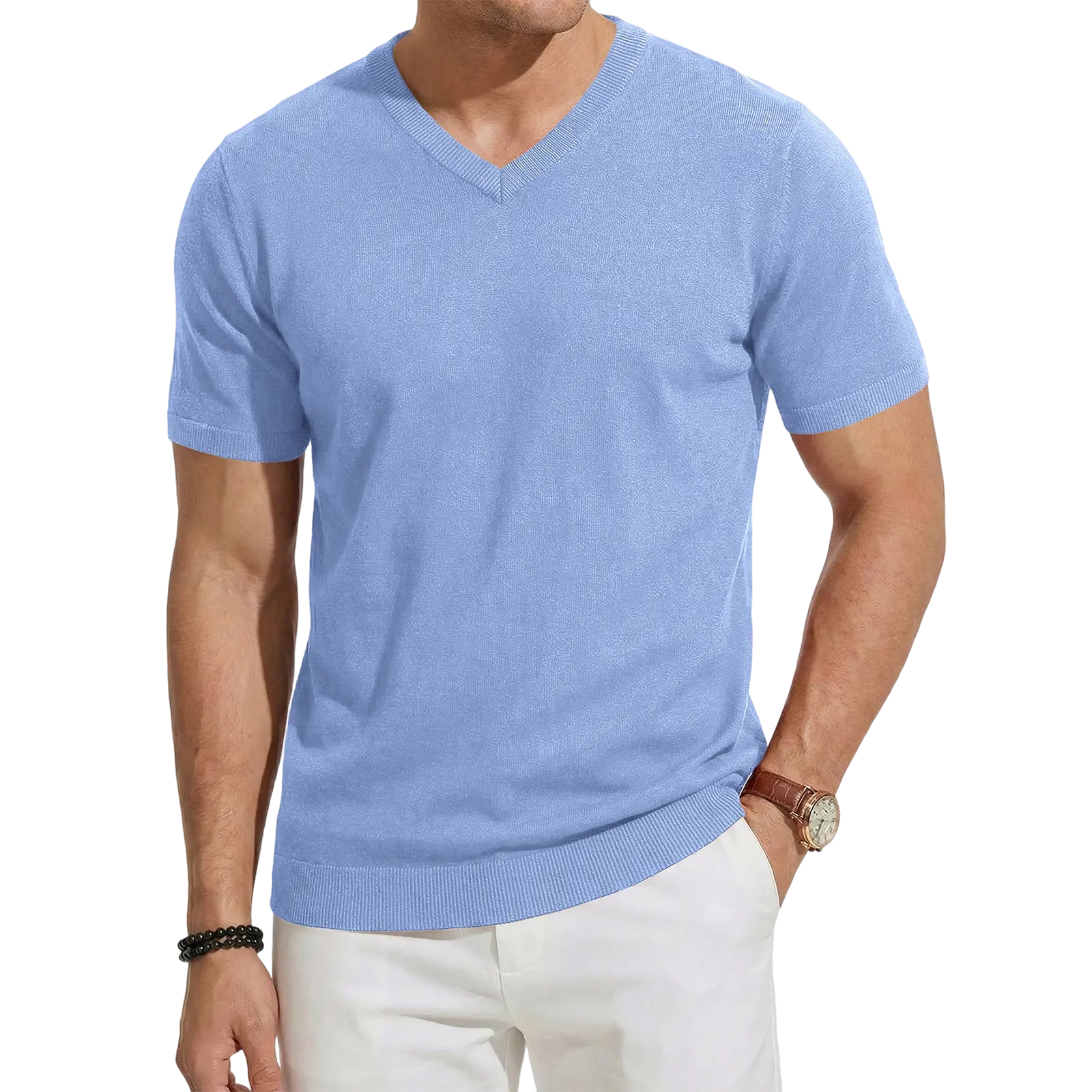 Men's Wool Blend Short Sleeve V-Neck Sweater Soft Textured Knit Pullover for Business Casual Wear