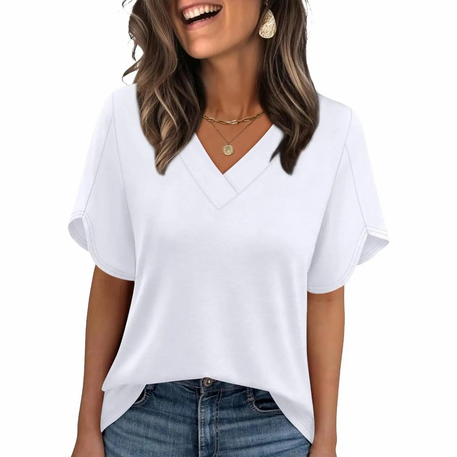 Women’s Summer V-Neck Petal Sleeve Casual Blouse Top