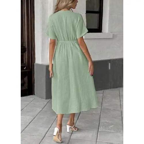 Women's Summer Solid-Color V-Neck Cotton Dress