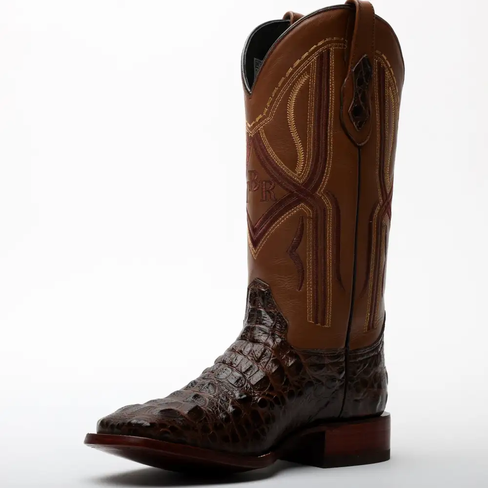 Brown Caiman Neck Leather Boots - Square Toe