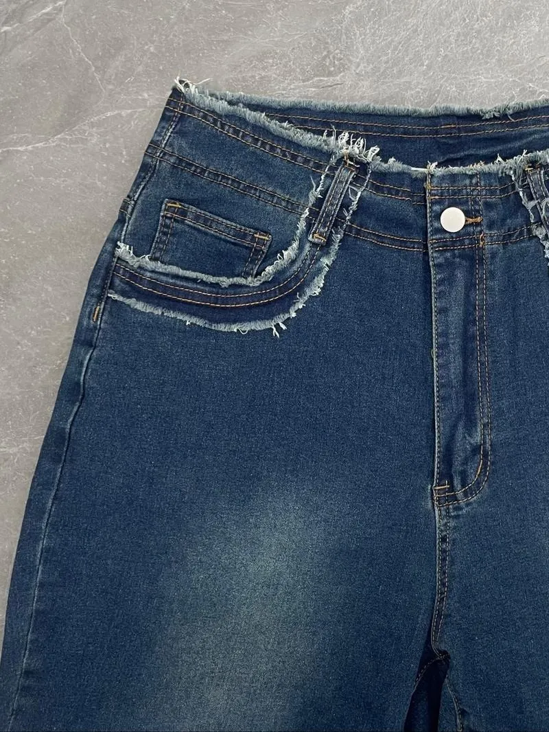 Raw Hem Pocket High Waisted Denim Jeans, Casual Comfy Slim-fitting Trousers for Daily Wear