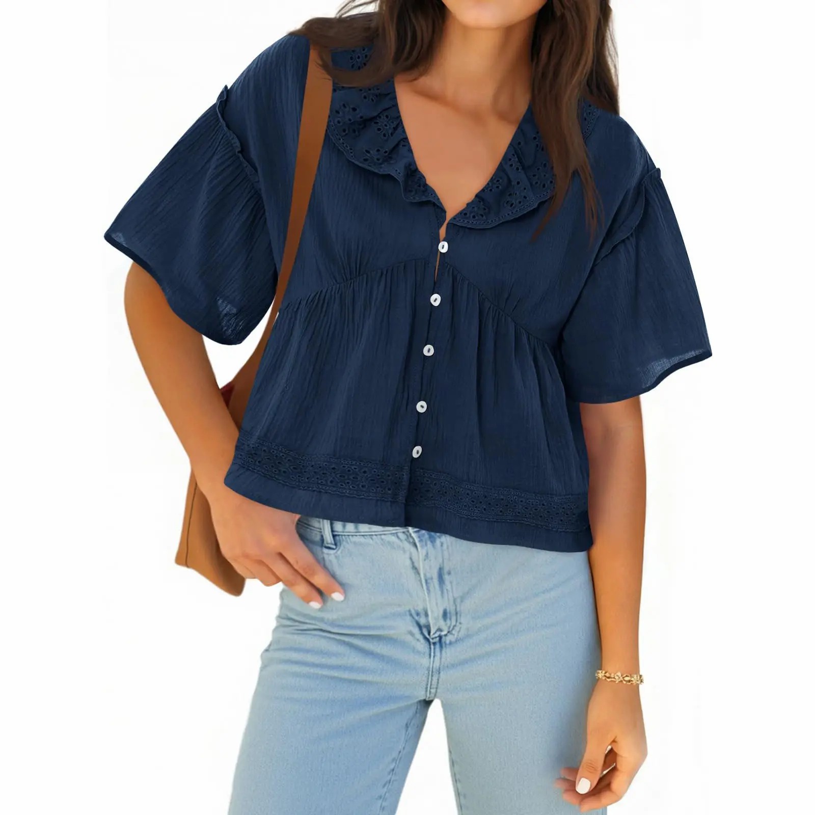 Women's Cropped Babydoll Top – V Neck Eyelet Blouse with Ruffle Sleeves & Button Front