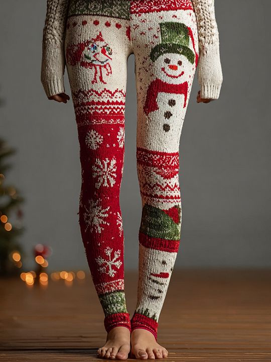 Women's Christmas Snowman Snowflake Patchwork Art Print Leggings