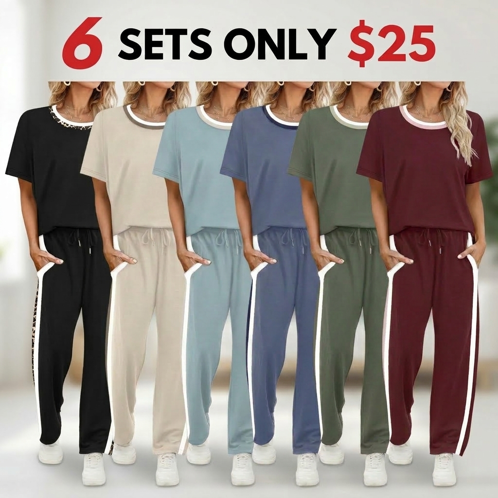 2 Piece Lounge Sets for Women Matching Set Summer Outfits Short Sleeve Tops Wide Leg Pants with Pockets