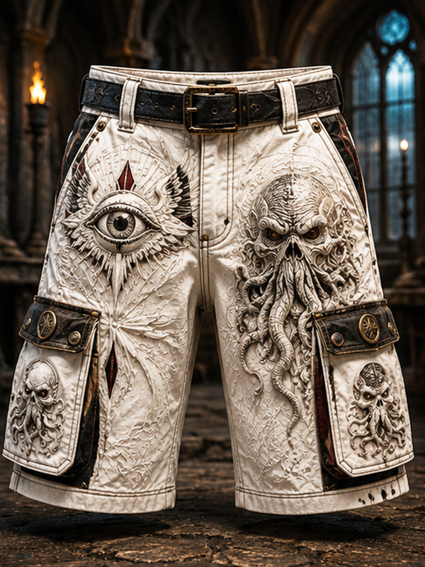 Men's Dark Cthulhu Print Denim-Like Cargo Shorts