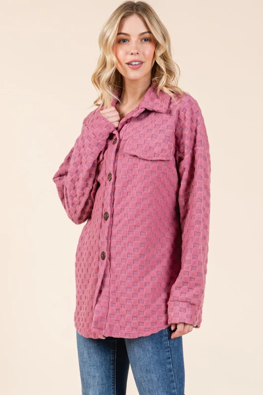 Checkered Button Down Dropped Shoulder Shacket