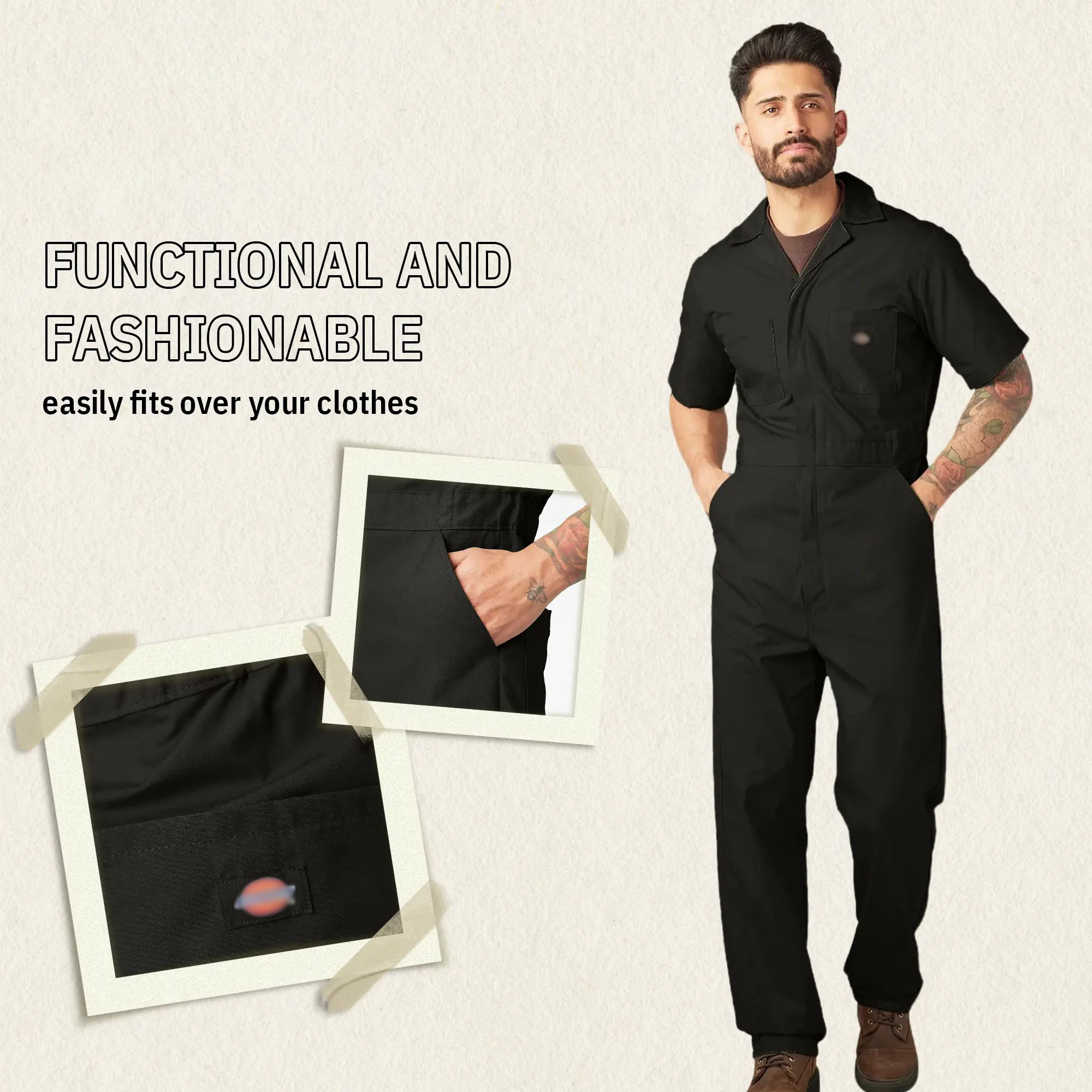 Men's Short Sleeve Coveralls – Lightweight Workwear with Elastic Waist & Wrinkle-Resistant Finish
