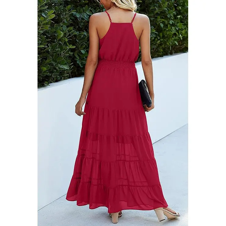 Women's Casual Summer Dress Spaghetti Strap Sleeveless High Waist Beach Long Maxi Sun Dresses