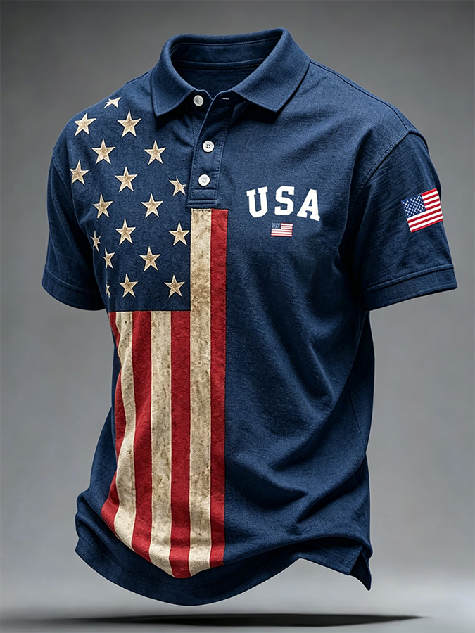 Men'S Casual USA Commemorative Embroidered Printed Lapel Shirt