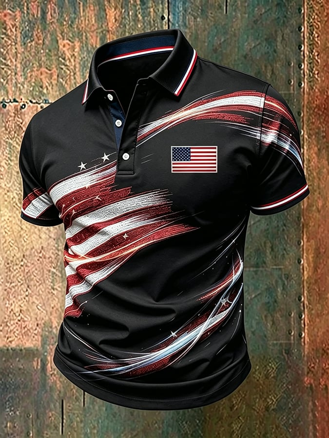 Men'S American Flag Print Casual Polo Shirt